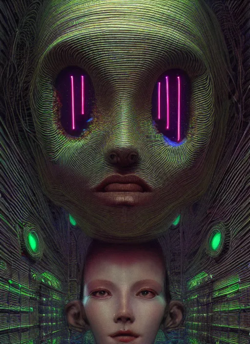 Prompt: wall, made out of eyes, flat, neon, RGB, glowing wires everywhere, pristine, by Edgar Maxence and Ross Tran, Zdzisław Beksiński, and Michael Whelan, gustav dore, H.R. Giger, 8k, octane render