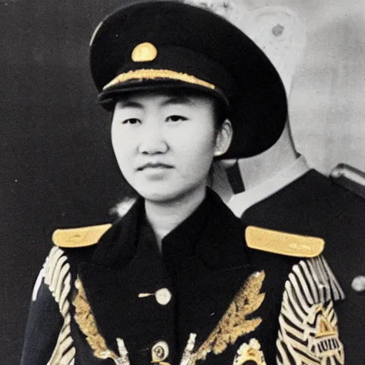 Prompt: Young Mongolian female Navy Admiral wearing a mess jacket, white waistcoat, gold-laced trousers, and a peaked cap, on the deck of a ship