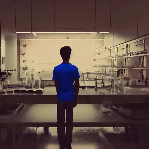 Prompt: a young scientist standing in his laboratory observing a huge complex experiment!!, detailed, volumetric lighting, muted colors, horror movie, 4 k octane render, unreal engine, realistic