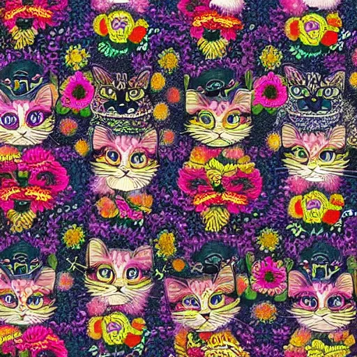 Prompt: louis wain fractal cats, mandelbrot cat, floral cat, cat made of flowers, vivid colors, detailed painting