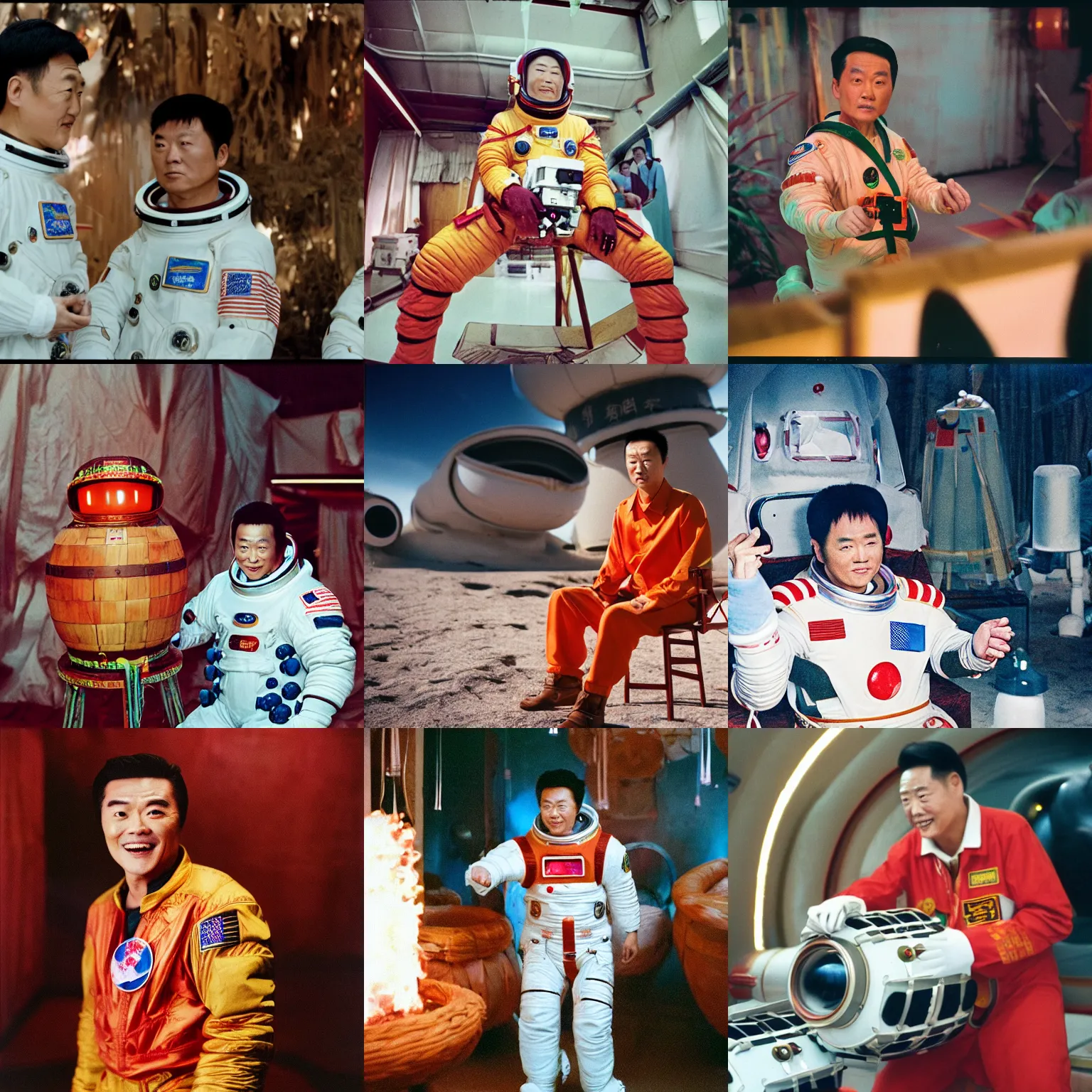 Prompt: Kodak portra 160, 4K: famous chinese actor in low budget tiki documentary movie remake, space walk scene