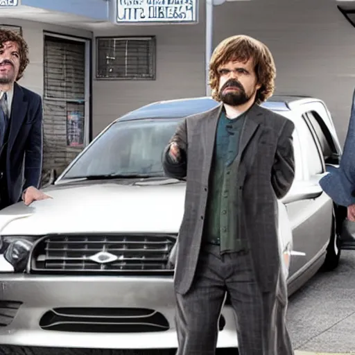 Image similar to peter dinklage as a car salesman