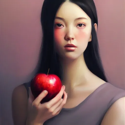 Prompt: oil painting by ilya kuvshinov,, baugh casey, rhads, coby whitmore, of a youthful japanese beauty, long hair, holding candied apple, outdoors, highly detailed, breathtaking face, studio photography, dawn, intense subsurface scattering, blush, supple look, innocence, intense sunlight