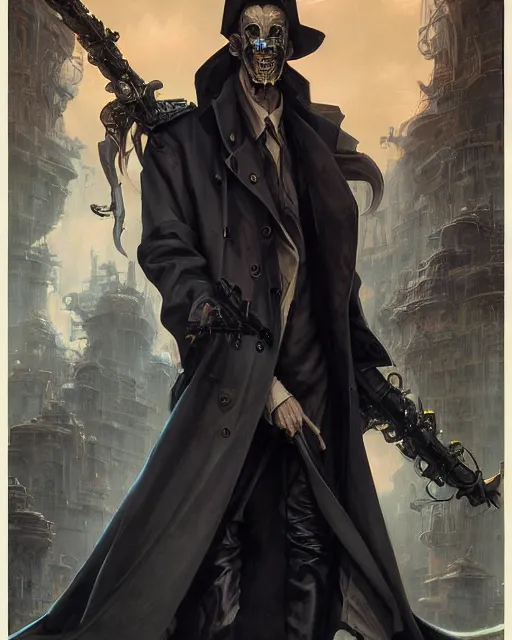 Image similar to detailed beautiful character portrait, chirs evans, wearing oversized black trench coat, ultra realistic, wide angle, dramatic lighting, v highly detailed by peter mohrbacher, hajime sorayama, wayne barlowe, boris vallejo, aaron horkey, gaston bussiere, craig mullins