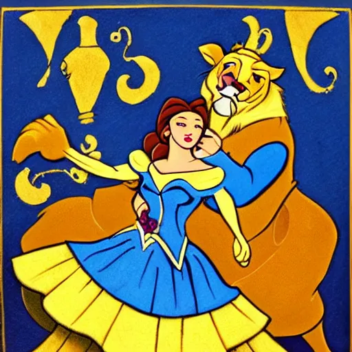 Image similar to belle and beast in blue and gold in the style of mexican folk art