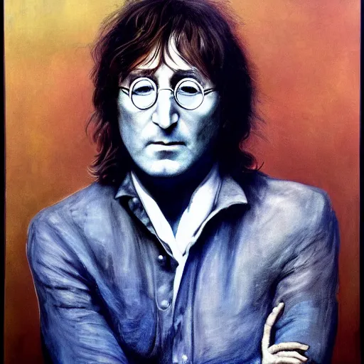Image similar to A portrait of John Lennon, by Annie Leibovitz, oil painting, majestic, detailed, high resolution