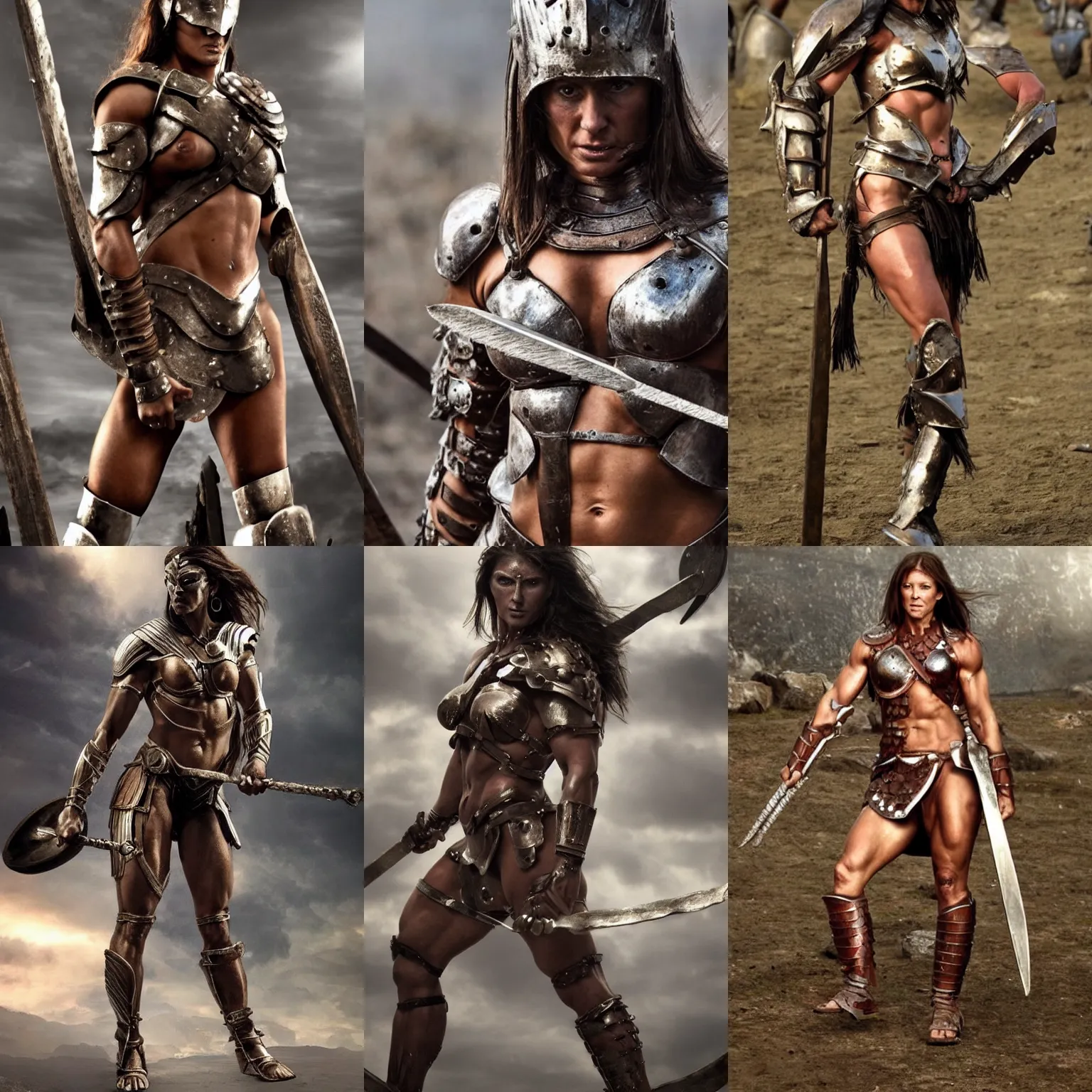 Prompt: spartan woman wearing armour., herculean physique, very strong, bulging muscles, oily skin, strongest in the world, ultra buff. even stronger.