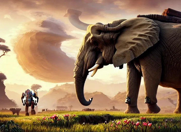 Prompt: symmetry!! landscape portrait of a herd of hybrid robot mammoth elephant with big tusk, floral! horizon zero dawn machine, intricate, elegant, highly detailed, digital painting, ancient ruins background, sunrise, background atmospheric lighting, ray tracing, artstation, concept art, smooth, sharp focus, illustration, art by artgerm and greg rutkowski 8 k