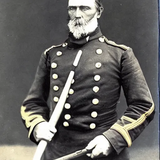 Prompt: Colorized 1878 photo of Colonel Hutic - a famous Union general who fought with a baseball bat and a scythe