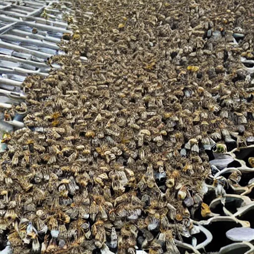 Image similar to photograph of a bee swarm attacking a skeleton army