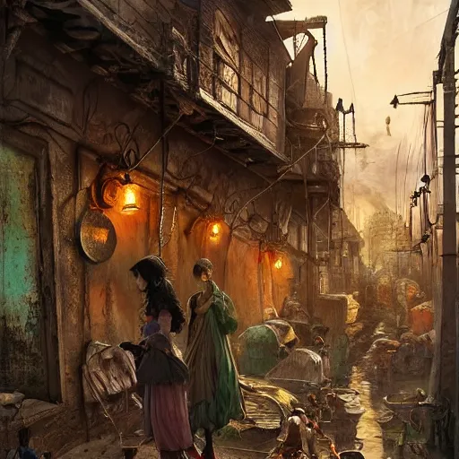 Prompt: slum neighborhood in lord of the ring world, fantasy, on artgerm, ilya yefimovich repin style, hyperrealistic content, high definition content, intricate, delete duplicate content, justify content center, ultra detailed content, realistic human content, 5 dark tone colors