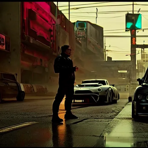 Image similar to cyberpunk Street racer wearing white wife beater and black jacket standing next to red Lancer Evolution X 2077 FRS BRZ C8 GR Supra scene from Bladerunner 2049 Roger Deakins Cinematography movie still 2017