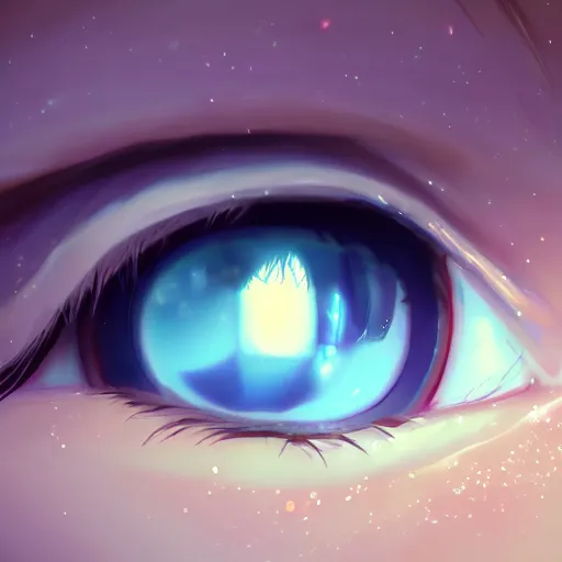Image similar to a beautiful girl's eyes, stars are hidden in the eyes, 8 k, stunning, dream, highly detailed, super macro, surrealist, close - up view, makoto shinkai