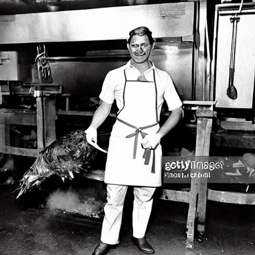 Image similar to ronald mc donald in a slaughterhouse wearing apron.