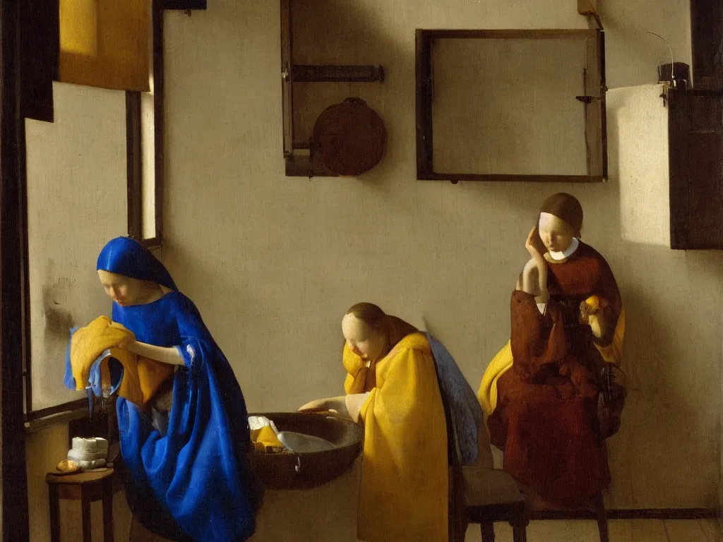 Prompt: Woman washing her hair in a water basin in an interior lit by the window. Painting by Vermeer