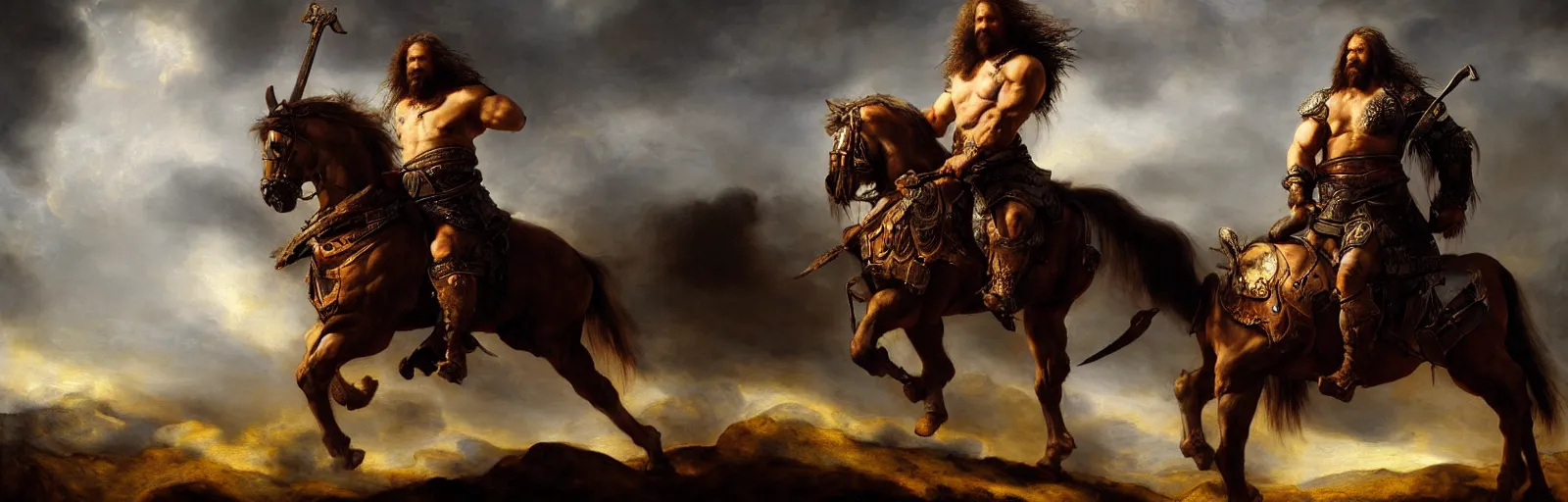 Prompt: oversized muscular horse as barbarian with chest armor and sword in epic pose and hard backlight from sunset , very textured detailed oil painting panoramic backlight portrait by rembrandt, backlight, dramatic clouds ,sun rays