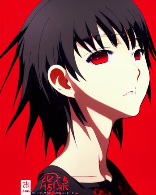 Image similar to makoto shinkai, artgerm, ilya kuvshinov, beautiful anime women with black red and red lace trim, black and red hair, wind powers symmetrical face, symmetrical eyes, detailed, field setting, cinematic lighting