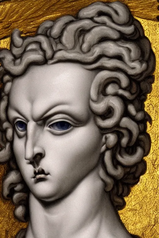 Prompt: fallen angel Lucifer, angry face, closeup, ultra detailed, made in gold, Guido Reni style