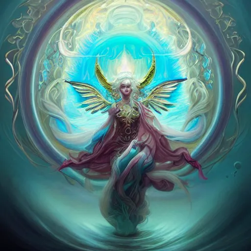 Image similar to detailed key art, concept illustration, hyper detailed painting, hyperrealist painting of an psychedelic angelic celestial being mythical creature by peter mohrbacher, by sam spratt trending on artstation, sacred geometry, esoteric art