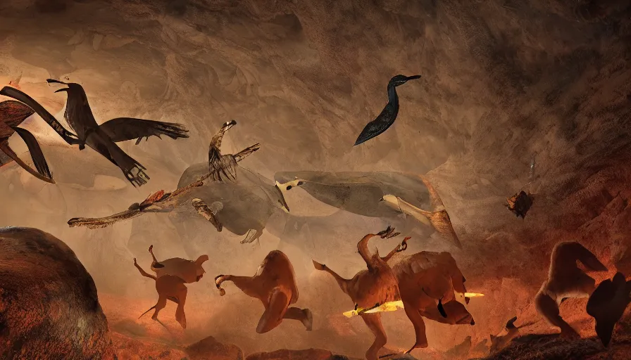 Image similar to a photo of neolithic cave painting of patapons fighting a giant bird, 4 k, history channel, japan studio game, art by rolito, high quality