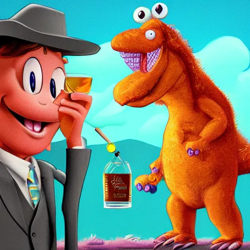 Image similar to still from barney the dinosaur from kids show drinking whisky and smoking a cigar, digital art, trending on artstation