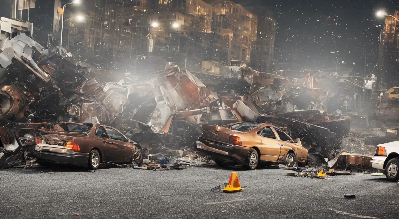 Prompt: Action shot of a single 1993 brown nissan maxima crashing into two construction drums stacked on top of each other, the windshield is being smashed by the top construction drum, moment frozen in time, photo realistic, night, photo realistic, depth of field, award winning, cinematic, color graded