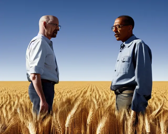 Image similar to extreme long shot of walter white and gustavo fring standing in front of each other from a distance in a wheat field, low angle, side view, 3 5 mm photograph, 8 k resolution, wide shot, sharp lens