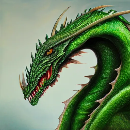 Image similar to realistic, full body portrait, painting, large green dragon, kodachrome, cgi, hd, detailed