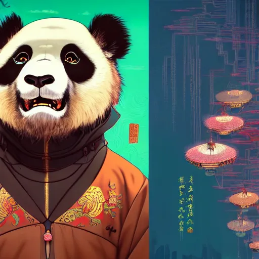 Image similar to a beautiful hyperdetailed character design 4 k wallpaper illustration of a cute panda with a chinese lion dance head victo ngai cyberpunk style, from china, style of studio ghibli, makoto shinkai, raphael lacoste, louis comfort tiffany, artgerm, james jean, ross tran, chinese style