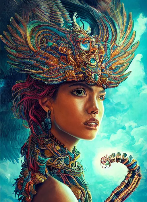 Image similar to a wlop 3 d portrait of a goddess, 8 k micro details beautiful intricate highly detailed quetzalcoatl skull and feathers. fire, galaxy, artwork by tooth wu and wlop and beeple and greg rutkowski, trending on artstation,