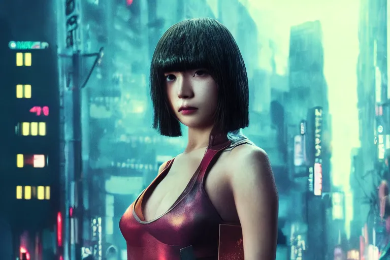 Image similar to 4 k remaster extremely detailed cinematic movie still from blade runner 2 0 4 9 of a japanese cyborg warrior princess in the street, megabuildings, face by artgerm, cyber noir, bokeh, denis villeneuve, rich colors, night, road