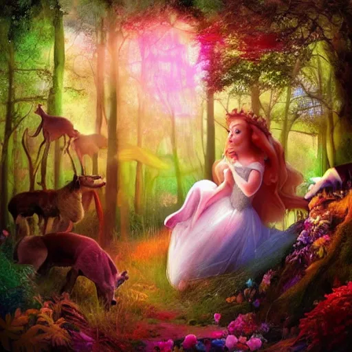 Prompt: A beautiful experimental art of Princess Aurora singing in the woods while surrounded by animals. She looks so peaceful and content in the company of the animals, and the colors are simply gorgeous. colorful lighting by Jeannette Guichard-Bunel harrowing