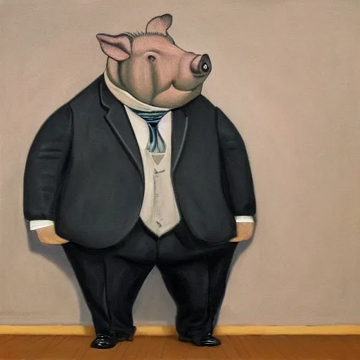 Prompt: portrait of an anthropomorphic fat pig wearing a suit, oil painting, masterpiece, extremely detailed, sharp focus, intricate, award-winning, hyperrealistic