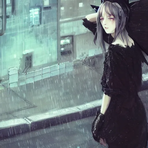 Prompt: woman with cat ears wearing a black lace dress and thigh highs walking in a depressing soviet city, expressive oil painting, digital anime art, highly detailed, character art, beautiful face, by yoshitaka amano, by greg rutkowski, by conrad roset, volumetrics, octane render, rainy street