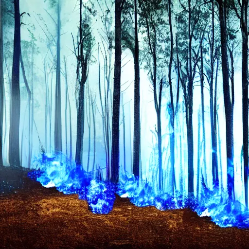 Image similar to a forest burning with blue fire, tragic scene, render