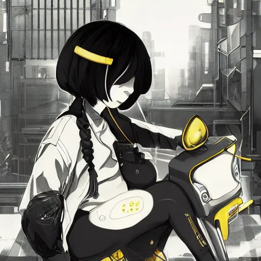 Image similar to Frequency indie album cover, luxury advertisement, yellow filter, white and gray colors. Clean and detailed post-cyberpunk sci-fi close-up schoolgirl in asian city in style of cytus and deemo, blue flame, relaxing, calm and mysterious vibes, by Tsutomu Nihei, by Yoshitoshi ABe, by Ilya Kuvshinov, by Greg Tocchini, nier:automata, set in half-life 2, Matrix, GITS, Blade Runner, Neotokyo Source, Syndicate(2012), dynamic composition, beautiful with eerie vibes, very inspirational, very stylish, with gradients, surrealistic, dystopia, postapocalyptic vibes, depth of field, mist, rich cinematic atmosphere, perfect digital art, mystical journey in strange world, beautiful dramatic dark moody tones and studio lighting, shadows, bastion game, arthouse