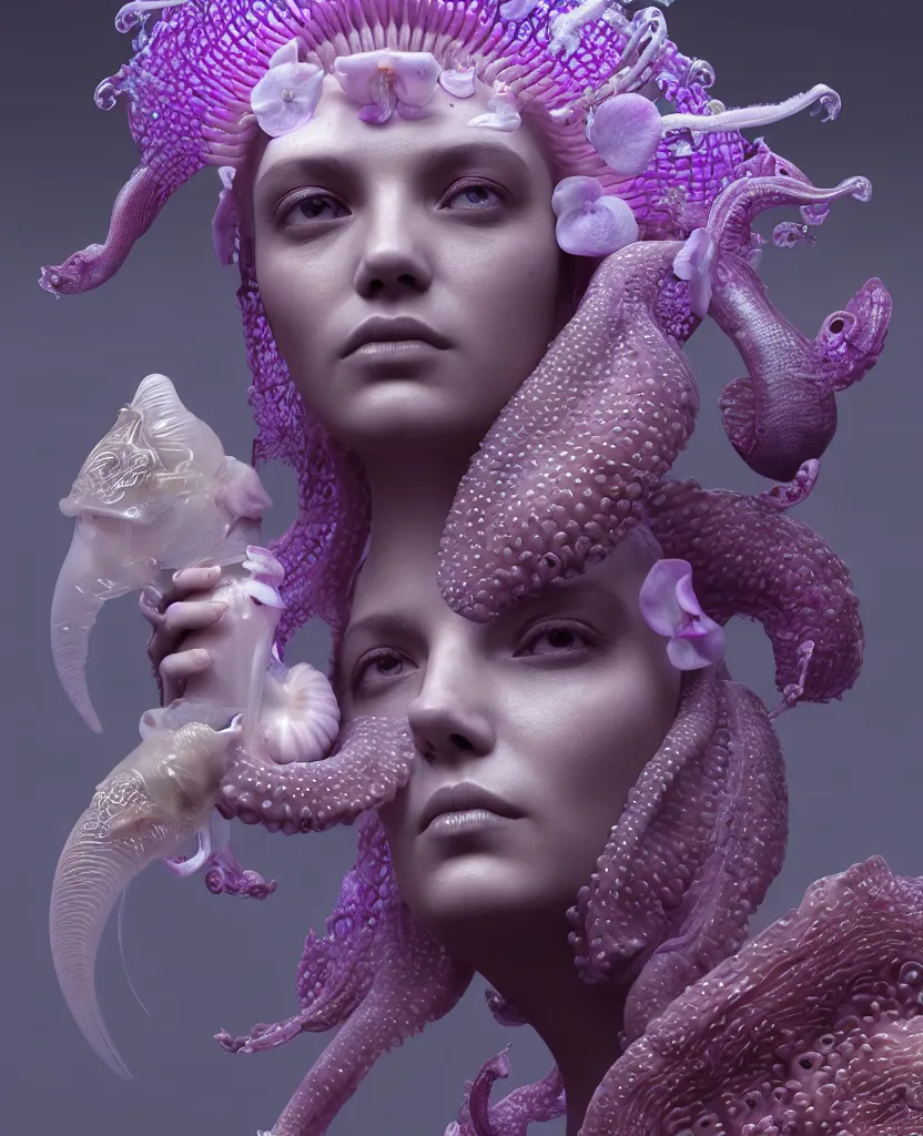 Image similar to goddess princess beautiful face close-up portrait ram skull zbrush sculpt. jellyfish phoenix head, nautilus, orchid, skull, betta fish, bioluminiscent creatures, intricate artwork by Tooth Wu and wlop and beeple. octane render, trending on artstation, greg rutkowski very coherent symmetrical artwork. cinematic, hyper realism, high detail, octane render, 8k