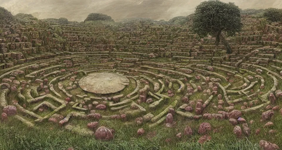 Prompt: ancient greek overgrown labyrinthwith an gigantic ancient altar in the center, by beksinski, rutkovski, bosch, retro fantasy movie, highly detailed, photorealistic, illustration, matte painting, 8 k