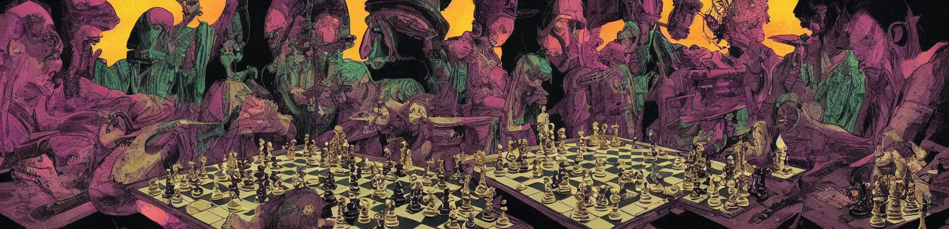 Image similar to chess set, taro deck card king and psychedelic grainshading print by moebius, richard corben, wayne barlowe, cyberpunk comic cover art, galactic dark colors