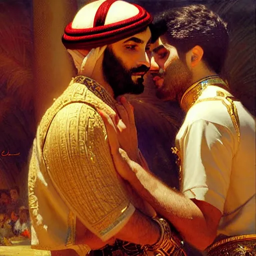 Image similar to attractive arab king in love with his attractive male prince. highly detailed painting by gaston bussiere, craig mullins, j. c. leyendecker