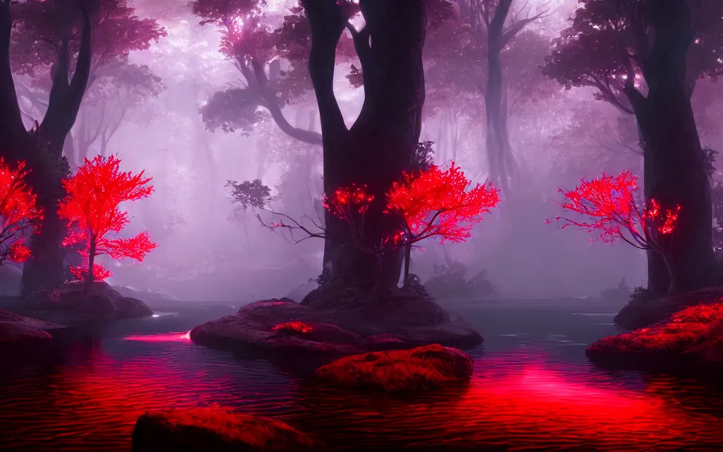 Image similar to gloomy sparse fairytale forest with a beautiful sparkling stream of glowing red water flowing through, visual novel key visual, award - winning digital art on pixiv, trending on artstation - cinematic lighting, dramatic lighting, stunning and beautiful scenery - highly detailed, hyperrealistic, unreal engine 5, in the style of kingdom hearts