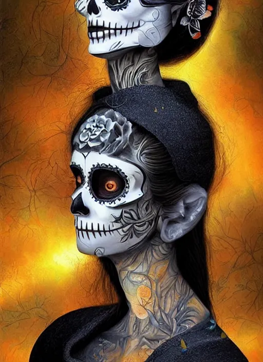 Image similar to dia de los muertos theme surrealist art in the styles of igor morski, jim warren, and osborne macharia, intricate, hyperrealistic, accurate facial details, profile picture with chromakey!!!!! background, volumetric lighting