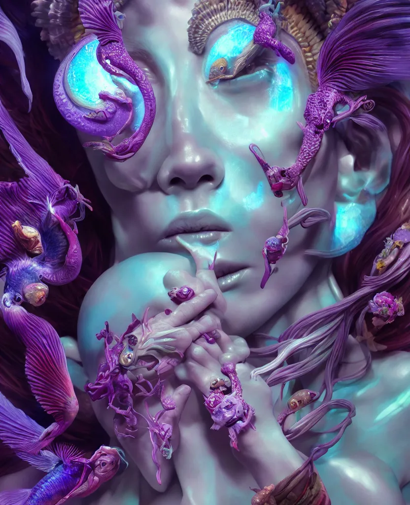 Image similar to goddess full color painted acryllic sculpture close-up portrait. orchid bird phoenix head, nautilus, skull, betta fish, bioluminiscent creatures, intricate artwork by Tooth Wu and wlop and beeple. octane render, trending on artstation, greg rutkowski very coherent symmetrical artwork. cinematic, hyper realism, high detail, octane render, 8k