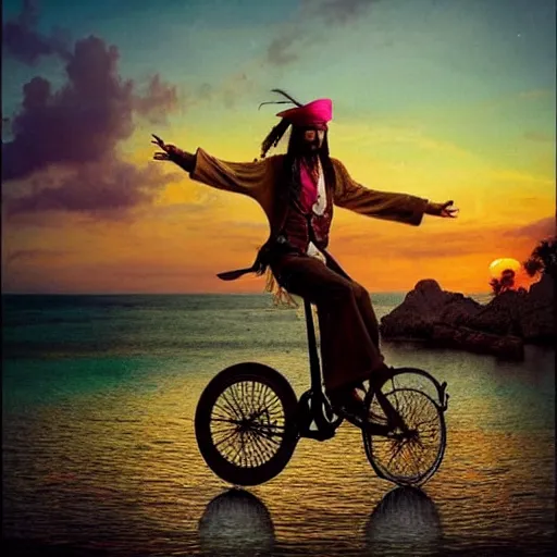 Image similar to a dreamy, colorful pictures of captain jack sparrow riding a unicycle, to the sunset.