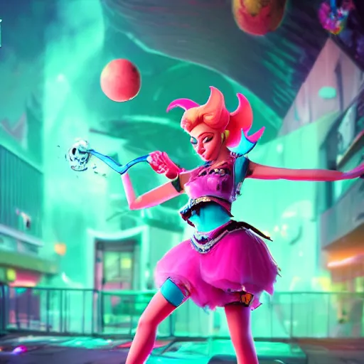 Image similar to Princess peach mixed with jinx from league of legends, dancing, background jet ground radio, fullshot, raytrayced, octane render, epic composition, intricate details, hyperrealist, dark neon punk, by Alessandro Barbucci, Barbara Canepa