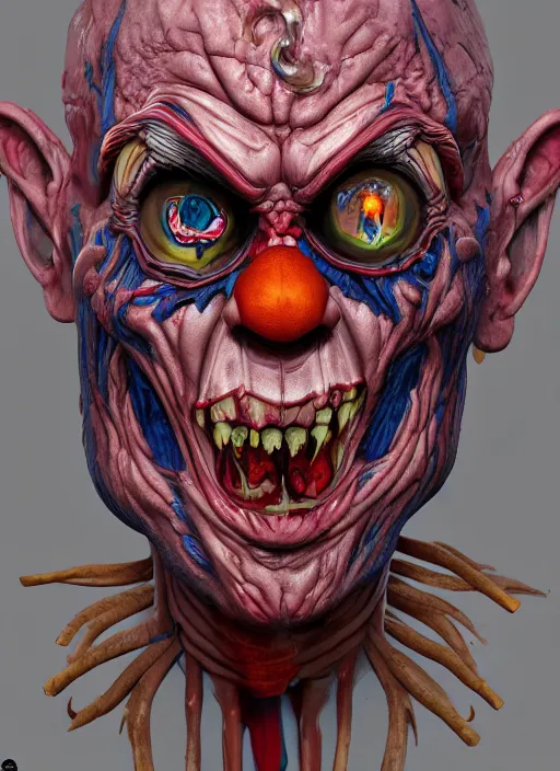 Image similar to evil horror clown, monster anatomy, ross tran, vivid colors, anatomical, highly detailed sculpture, intricate detailed, ommatidia, 8 k, cinematic atmosphere, post - processing