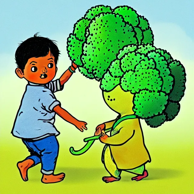 Prompt: professional kids book illustration of a South Indian !toddler! boy walking pulling a friendly anthropomorphic broccoli out of the ground, best on artstation,, astonishing, impressive, outstanding, cheerful, stunning, masterpiece by Beatrix Potter.