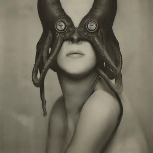 Prompt: A portrait of a beautiful cyberpunk girl, octopus, by Man Ray, fine art