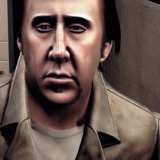 Image similar to nicolas cage hiding behind a corner in silent hill