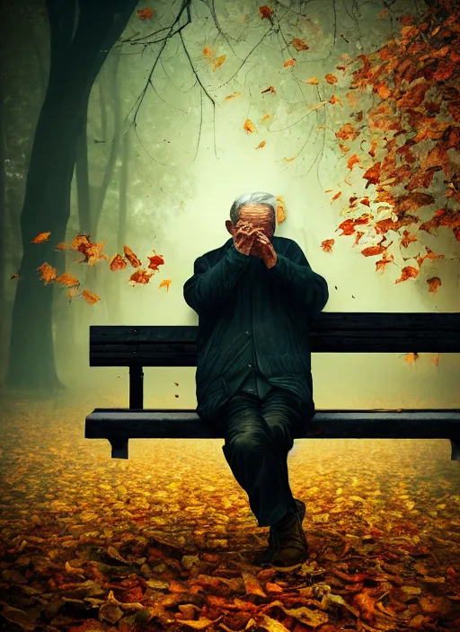 Image similar to man into leaves. conceptual photography portrait of an old man on a park bench falling apart into leaves, autumn tranquility, forgetfulness, fading to dust and leaves, oblivion, inevitability, aging, surreal portrait, moody, by tom bagshaw, hopeless, 4 k